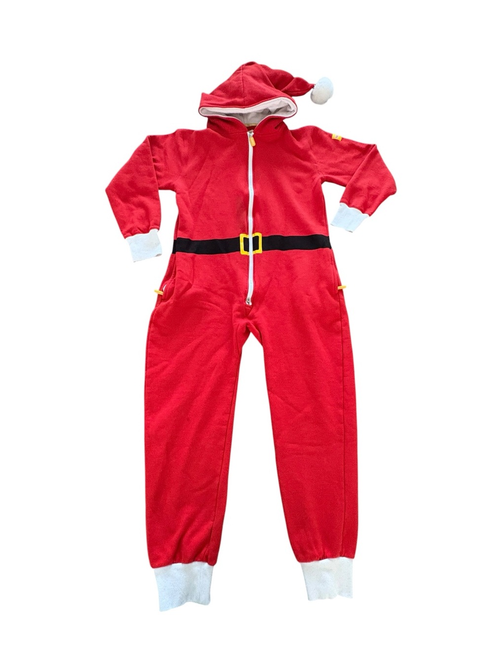 Tipsy Elves Red Kids Santa Hooded Jumpsuit with Black Belt and Yellow Buckle